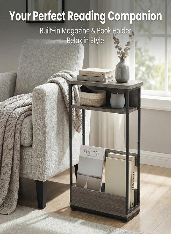 YEAKOO End Table for Narrow Space, 3 Tier Narrow Side Tables Modern Sofa Table with Storage Shelf, Bedside Table Slim Nightstand with Magazine Rack Living Room Home Office (Grey) - Image 3