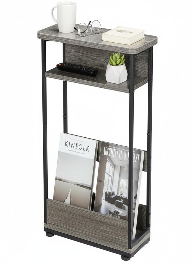 YEAKOO End Table for Narrow Space, 3 Tier Narrow Side Tables Modern Sofa Table with Storage Shelf, Bedside Table Slim Nightstand with Magazine Rack Living Room Home Office (Grey) - Image 1
