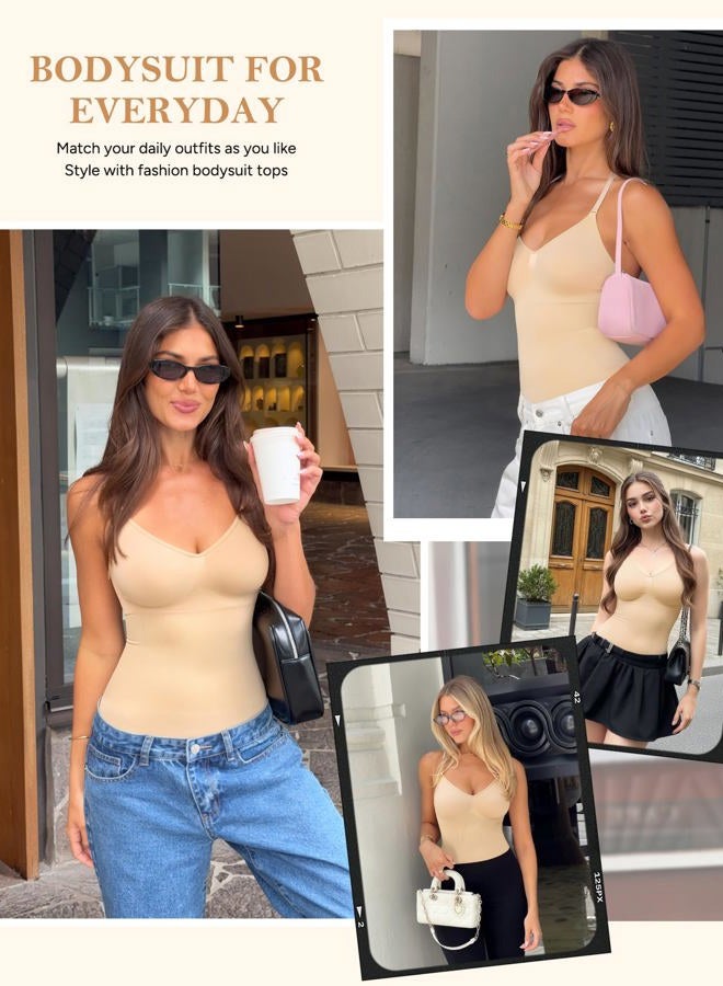 Irisnaya Women Slimming Bodysuits Shapewear Tops Tummy Control Body Shaper Spaghetti Strap Camisole Leotards Bodycon Jumpsuit, Beige Mid Thigh, XS/S - Image 5