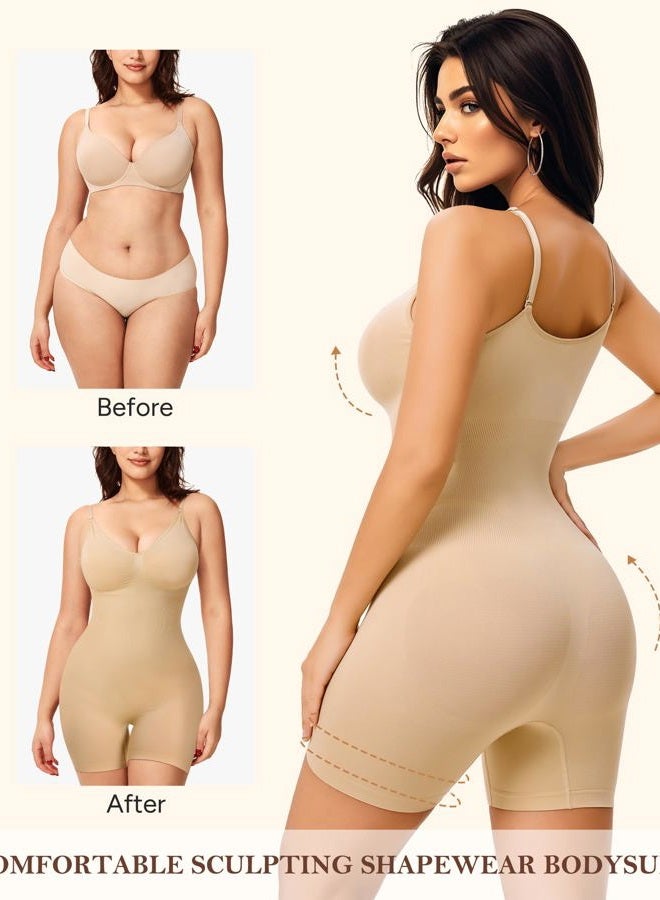 Irisnaya Women Slimming Bodysuits Shapewear Tops Tummy Control Body Shaper Spaghetti Strap Camisole Leotards Bodycon Jumpsuit, Beige Mid Thigh, XS/S - Image 4