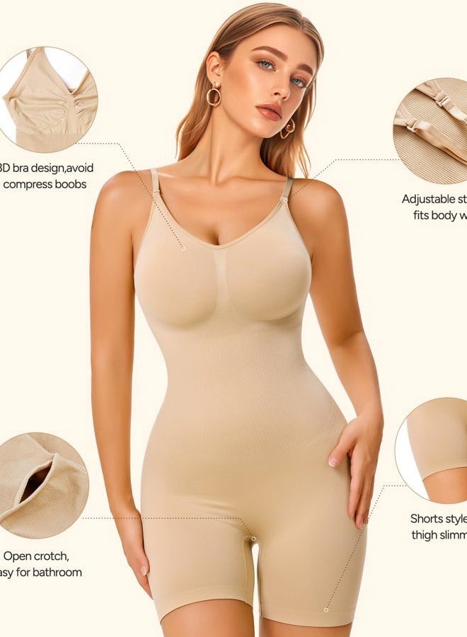 Irisnaya Women Slimming Bodysuits Shapewear Tops Tummy Control Body Shaper Spaghetti Strap Camisole Leotards Bodycon Jumpsuit, Beige Mid Thigh, XS/S - Image 3