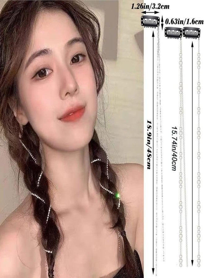CHIROGRAPHY 4 Pcs Premium Long Pearl and Rhinestone Hair Chains,Hair Clip Extensions Nightclub Party Daily Accessories for Women and Girls(2 silver chain+2 pearl chain) - Image 2