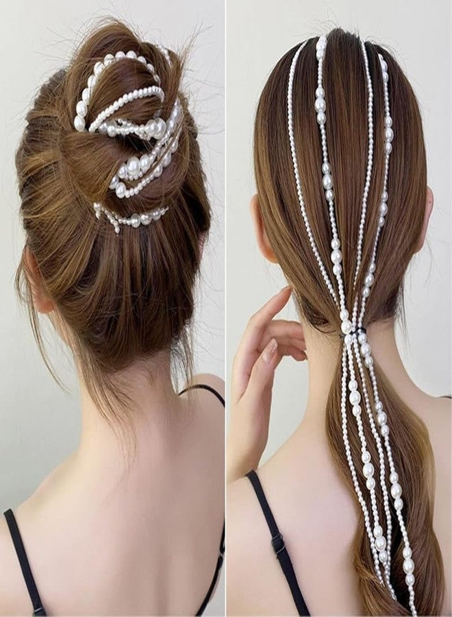 CHIROGRAPHY 4 Pcs Premium Long Pearl and Rhinestone Hair Chains,Hair Clip Extensions Nightclub Party Daily Accessories for Women and Girls(2 silver chain+2 pearl chain) - Image 4