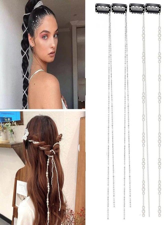 CHIROGRAPHY 4 Pcs Premium Long Pearl and Rhinestone Hair Chains,Hair Clip Extensions Nightclub Party Daily Accessories for Women and Girls(2 silver chain+2 pearl chain) - Image 1