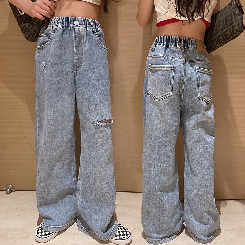 Children'S Clothing Girls' Jeans Korean Style Spring & Fall Style Medium And Large Children'S Girls' Fashionable Little Girls' Pants - Image 3