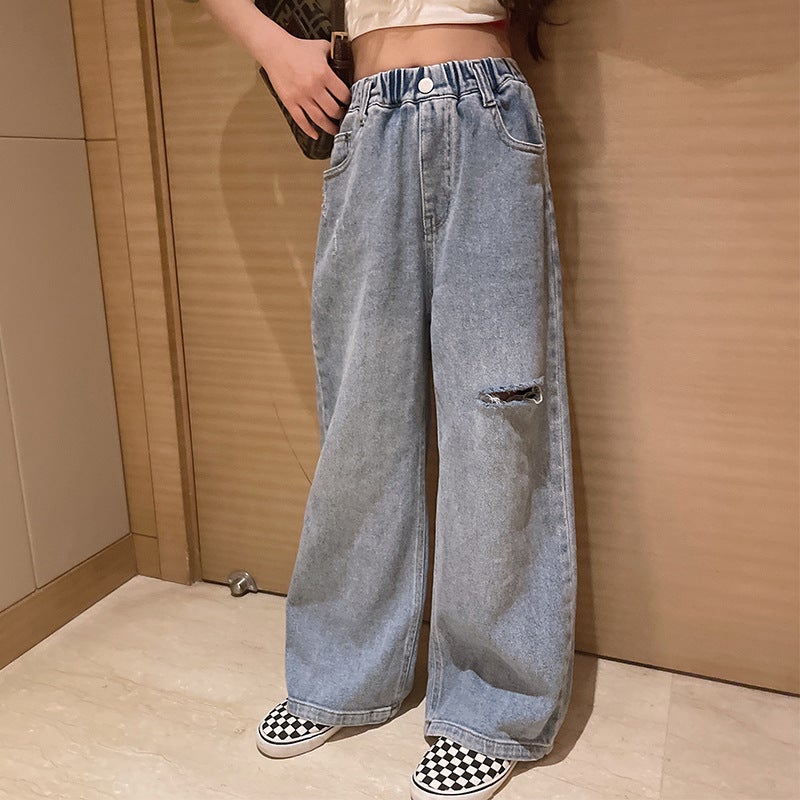 Children'S Clothing Girls' Jeans Korean Style Spring & Fall Style Medium And Large Children'S Girls' Fashionable Little Girls' Pants - Image 1