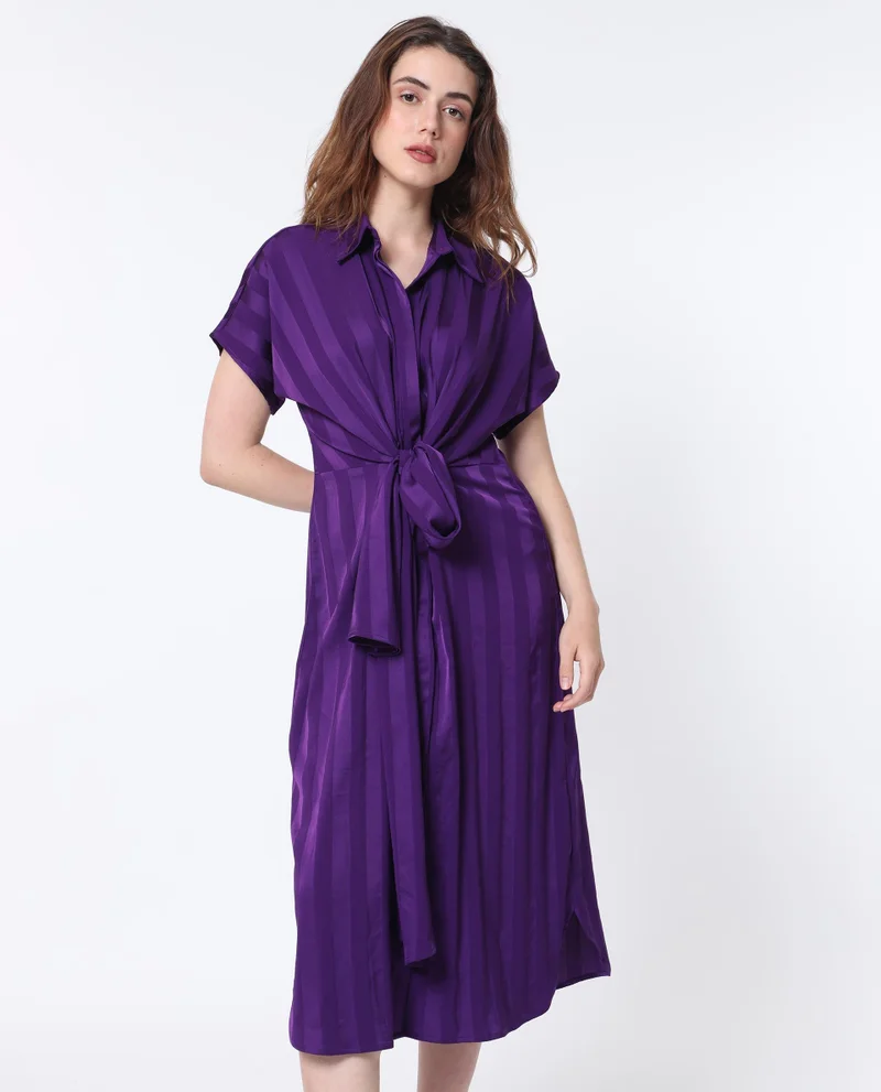 Rareism Rareism Women Nekop Dark Purple Polyester Fabric Short Sleeves Shirt Collar Regular Fit Striped Knee Length A-Line Dress