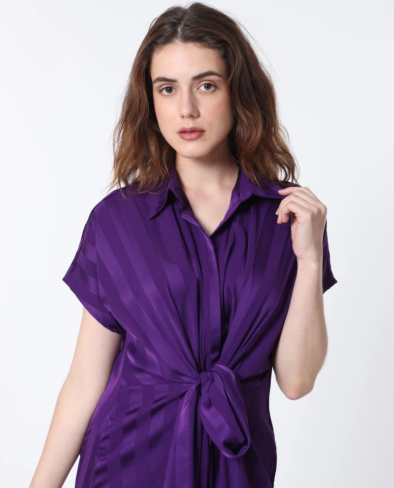 Rareism Rareism Women Nekop Dark Purple Polyester Fabric Short Sleeves Shirt Collar Regular Fit Striped Knee Length A-Line Dress