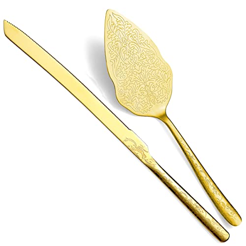 Berglander Gold Wedding Cake Knife and Server Set, Titanium Gold Plating With Unique Pattern Design Cake Cutter Serving Set Perfect For Wedding, Birthday, Parties and Events Dishwasher Safe - Image 1