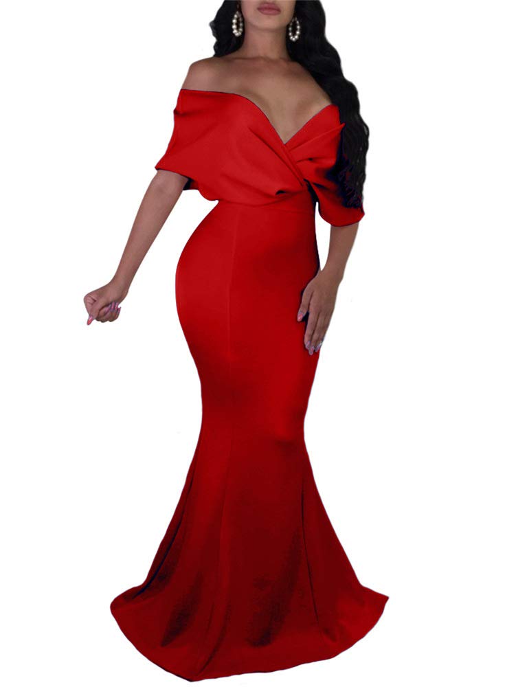 GOBLES Women Sexy V Neck Off The Shoulder Evening Gown Fishtail Maxi Dress Red - Image 1