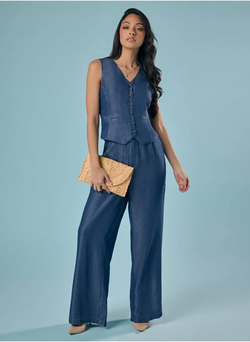 Zigzag Flared Leg Washed Tencel Dark Blue Pant