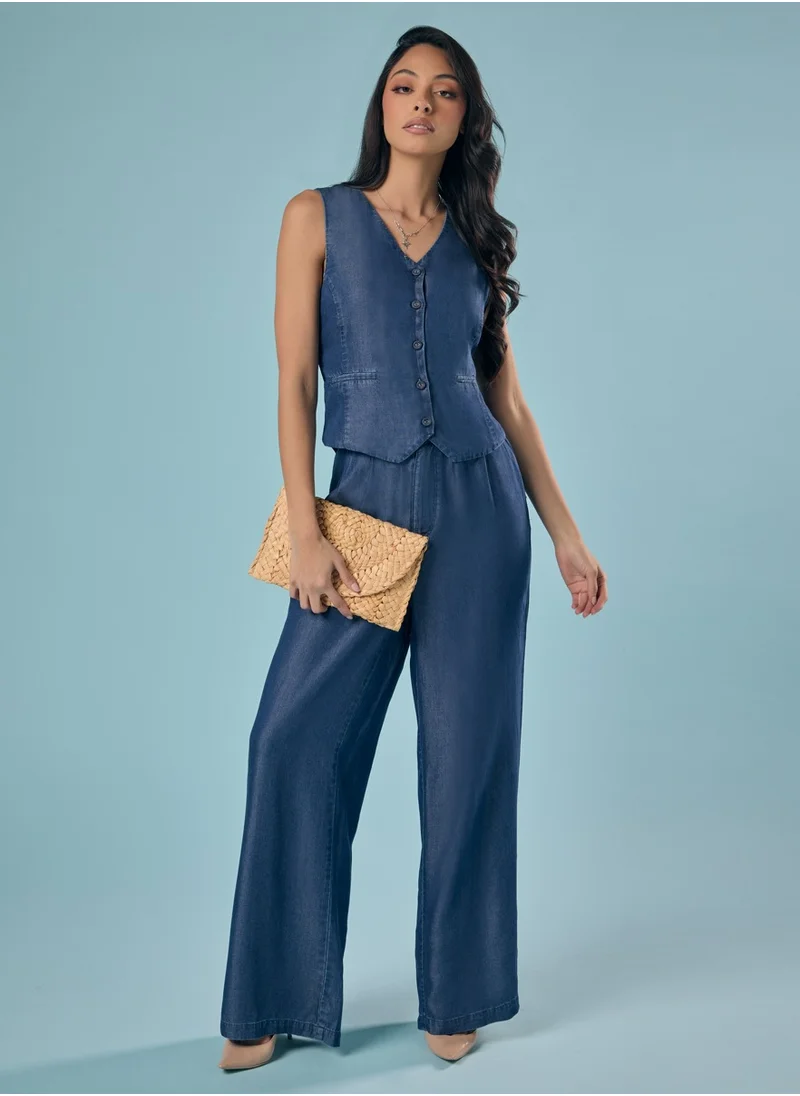 Zigzag Flared Leg Washed Tencel Dark Blue Pant