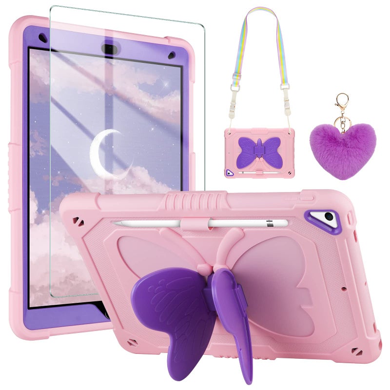 WESADN for iPad 9th Generation Case 8th 7th Gen 10.2 inch with Screen Protector/Butterfly Kickstand/Lanyard/Keychain Rugged Case with Pencil Holder for Kids Girls Cover for iPad 10.2 Case Pink Purple - Image 1