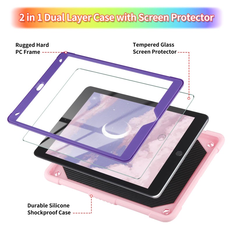 WESADN for iPad 9th Generation Case 8th 7th Gen 10.2 inch with Screen Protector/Butterfly Kickstand/Lanyard/Keychain Rugged Case with Pencil Holder for Kids Girls Cover for iPad 10.2 Case Pink Purple - Image 3