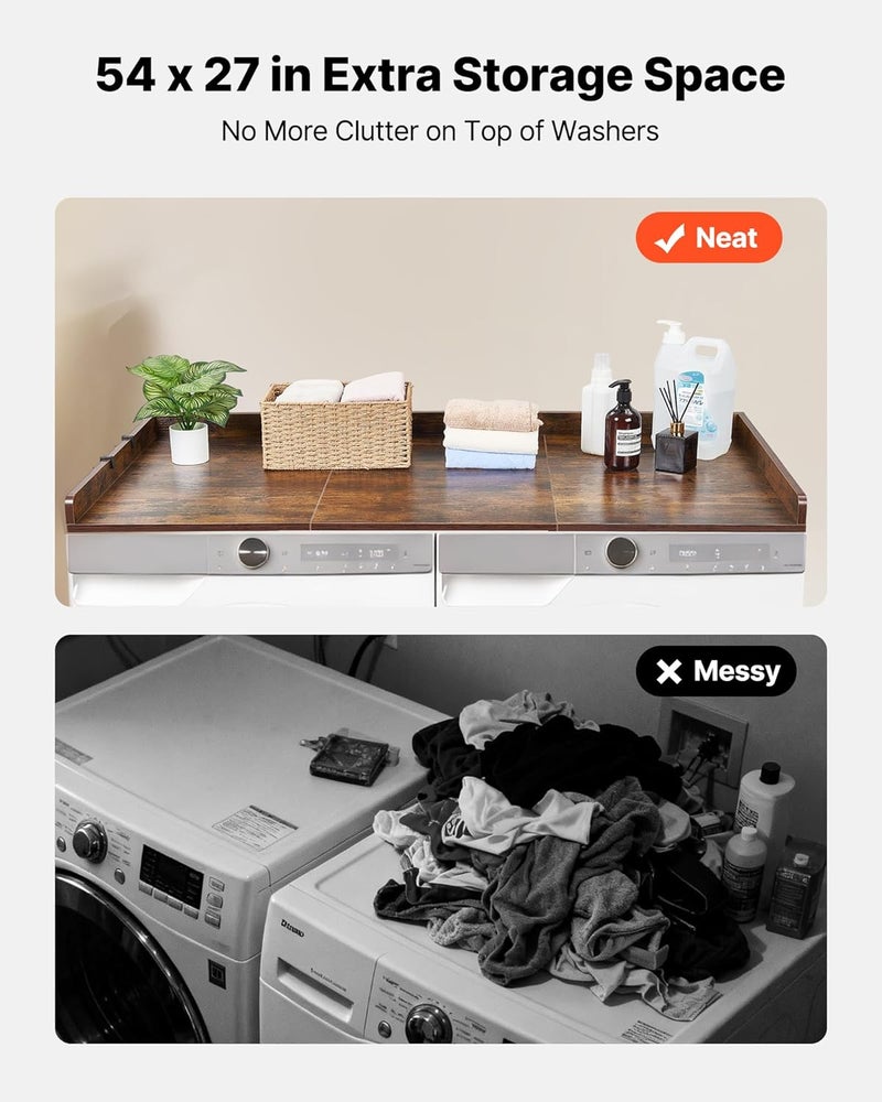 VEVOR Washer Dryer Countertop with 3 Splicing Panels, 54" x 27" Wooden Washer and Dryer Countertop with 2 Hooks, Water-Resistant Laundry Topper for Laundry Room Organization and Storage, Brown - Image 3