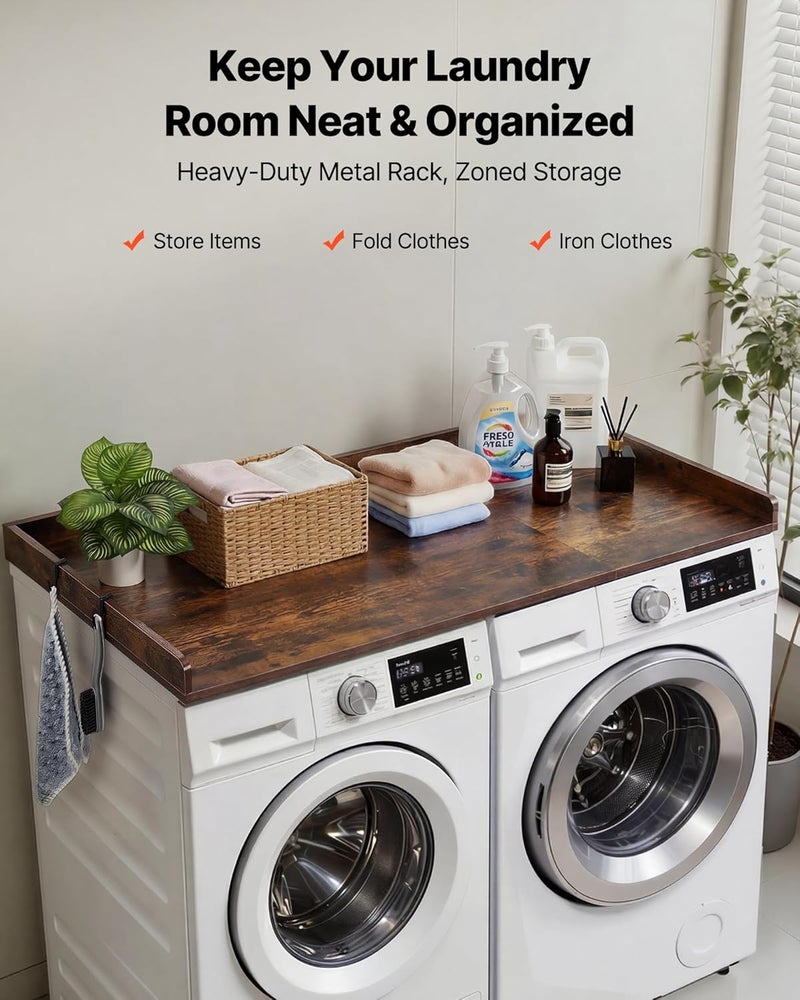 VEVOR Washer Dryer Countertop with 3 Splicing Panels, 54" x 27" Wooden Washer and Dryer Countertop with 2 Hooks, Water-Resistant Laundry Topper for Laundry Room Organization and Storage, Brown - Image 2