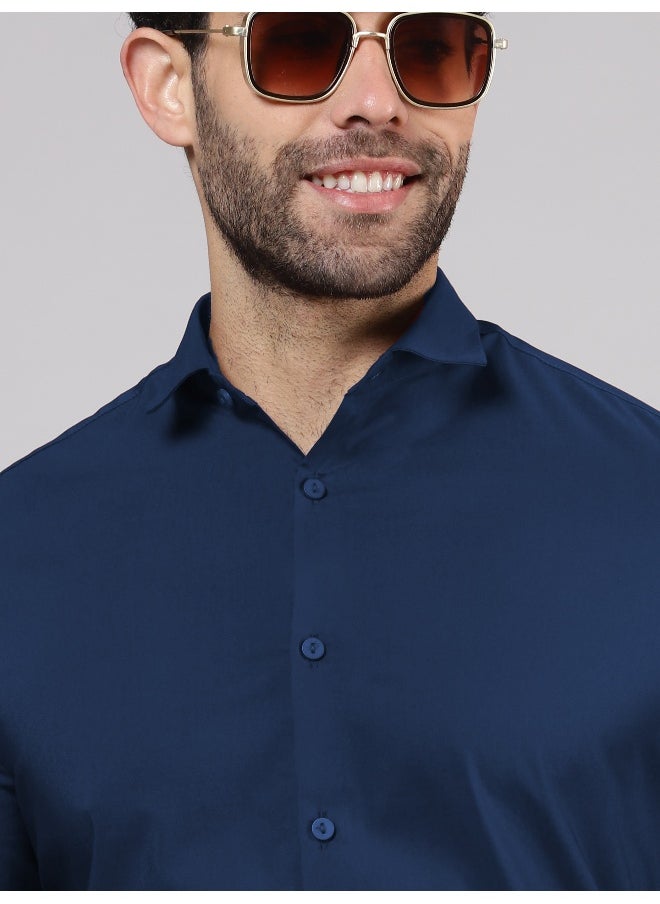 Beyoung - BEYOUNG Navy Blue Plain Cotton Shirts - Image 1