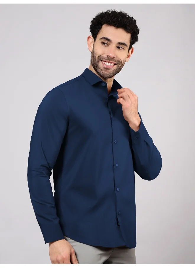 Beyoung BEYOUNG Navy Blue Plain Cotton Shirts