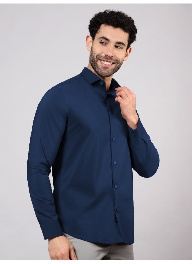 Beyoung - BEYOUNG Navy Blue Plain Cotton Shirts - Image 1