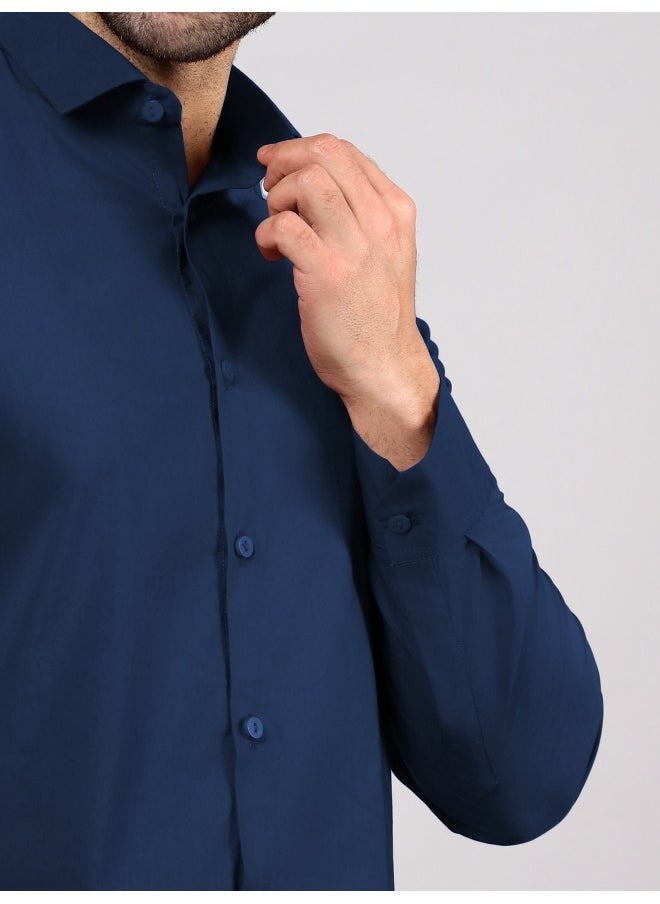 Beyoung - BEYOUNG Navy Blue Plain Cotton Shirts - Image 1