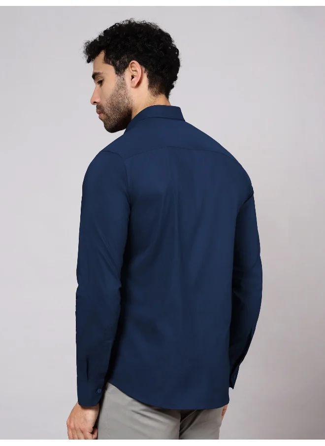 Beyoung BEYOUNG Navy Blue Plain Cotton Shirts