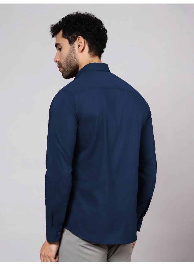 Beyoung - BEYOUNG Navy Blue Plain Cotton Shirts - Image 1
