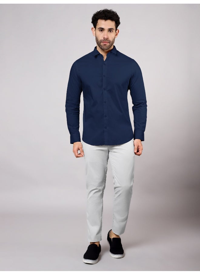 Beyoung - BEYOUNG Navy Blue Plain Cotton Shirts - Image 1