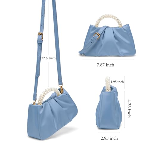 Beatfull Evening Purse Women Small Pearl Handbags Soft Leather Ruched Bag Wedding Bridal Clutch Party Prom Crossbody Purses Blue - Image 5