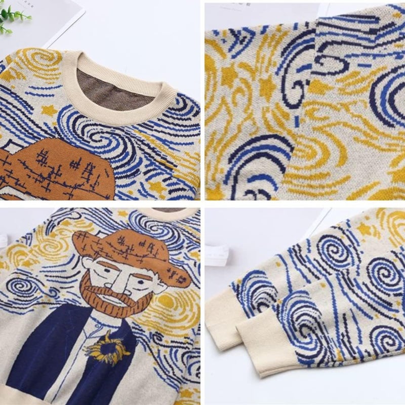 LILILEIDY Women's Long Sleeve Crew Neck Sweatshirt Knit Pullover Casual Van Gogh Cartoon Sweater (US, Alpha, One Size, Regular, Regular, Beige) - Image 4
