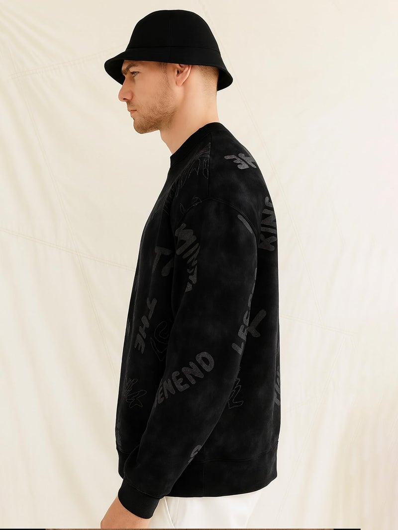 Jump Cuts Mens AOP Printed Round Neck Full Sleeve Black Cotton Fleece Jacket - Image 2