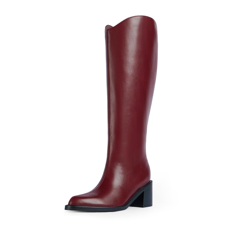 Modatope Burgundy Knee High Boots for Women Pointed Toe Chunky Block Heel Tall Boots Side Zipper High Heel Riding Long Boot Size 8 - Image 1