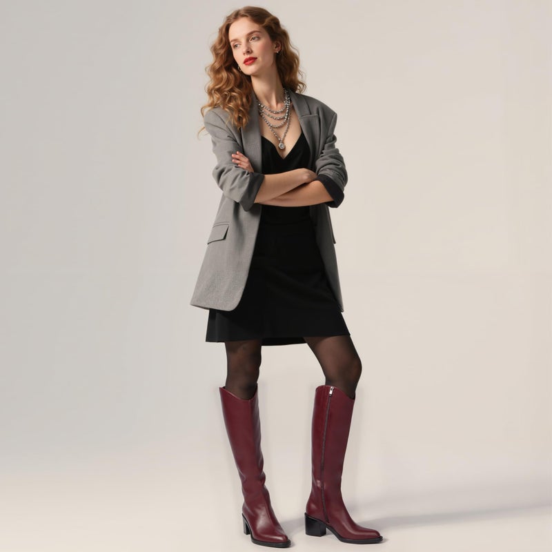 Modatope Burgundy Knee High Boots for Women Pointed Toe Chunky Block Heel Tall Boots Side Zipper High Heel Riding Long Boot Size 8 - Image 2