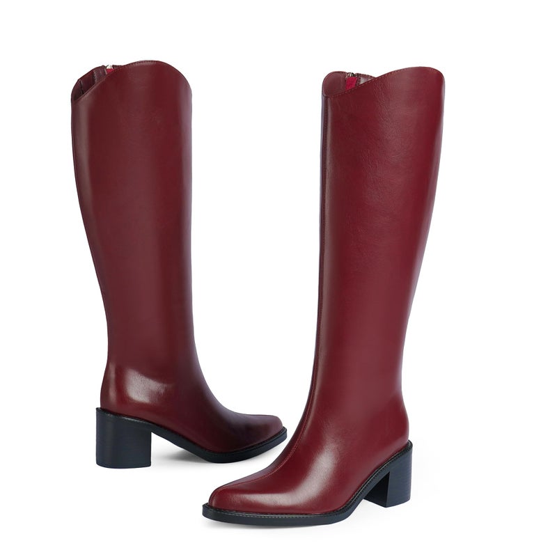 Modatope Burgundy Knee High Boots for Women Pointed Toe Chunky Block Heel Tall Boots Side Zipper High Heel Riding Long Boot Size 8 - Image 5