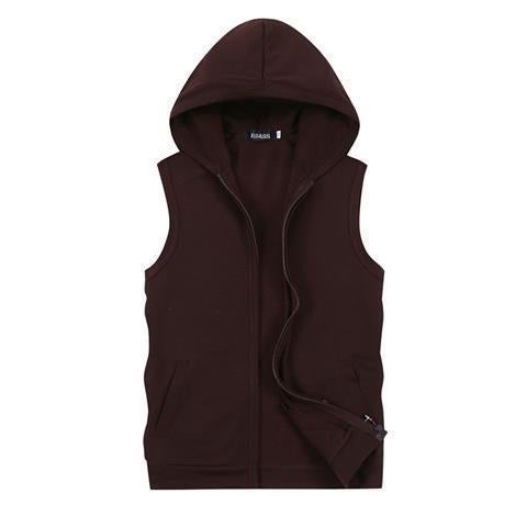 Mens Slim Summer Vest Sleeveless Hooded Zipper Knit Cardigan Coffee - Image 1