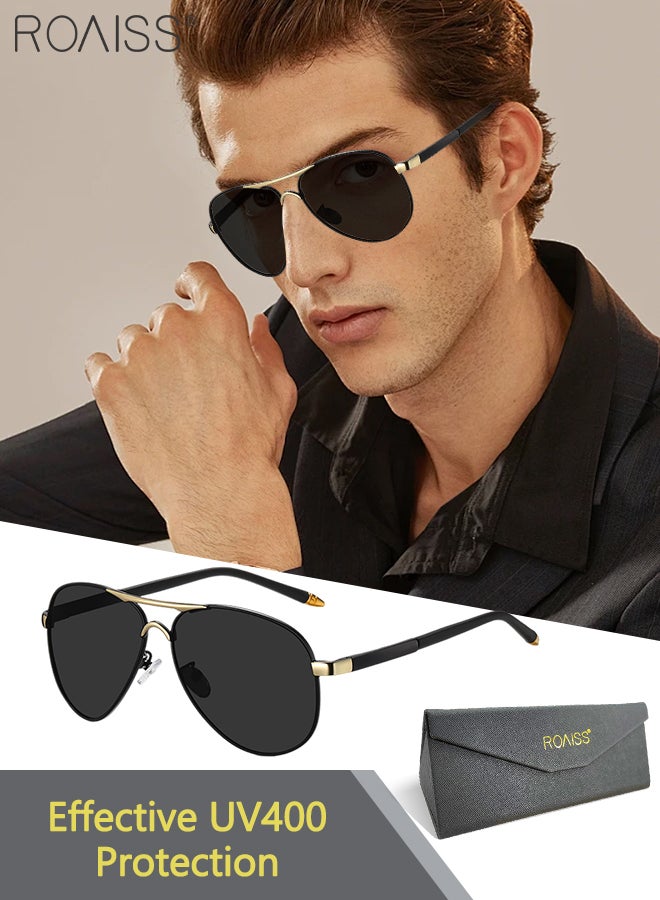 رويس نظارات شمسية مستقطبة للرجال، نظارات شمسية للرجال من نوع Aviator، نظارات شمسية للرجال للقيادة والصيد والسفر، ذهبية سوداء، 56 ملم - Image 1
