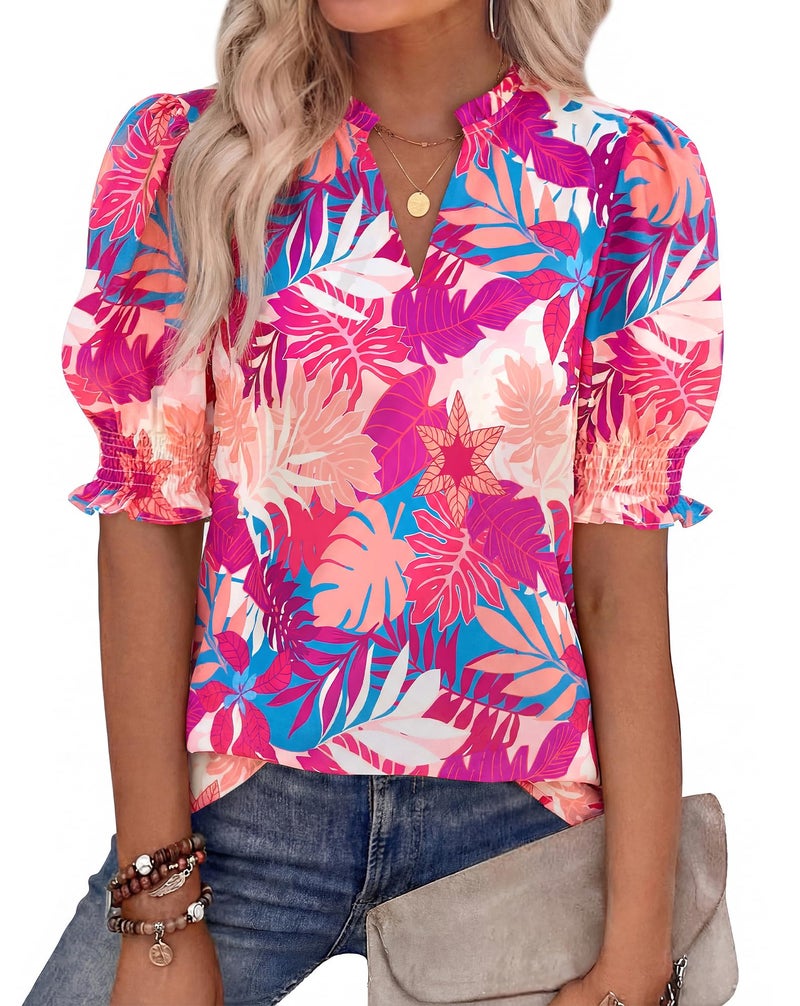 BTFBM Summer Blouses for Women Dressy Casual 2026 Fashion Spring Tops Floral Boho V Neck Puff Short Sleeve Top Shirts(Floral Pink, Small) - Image 1