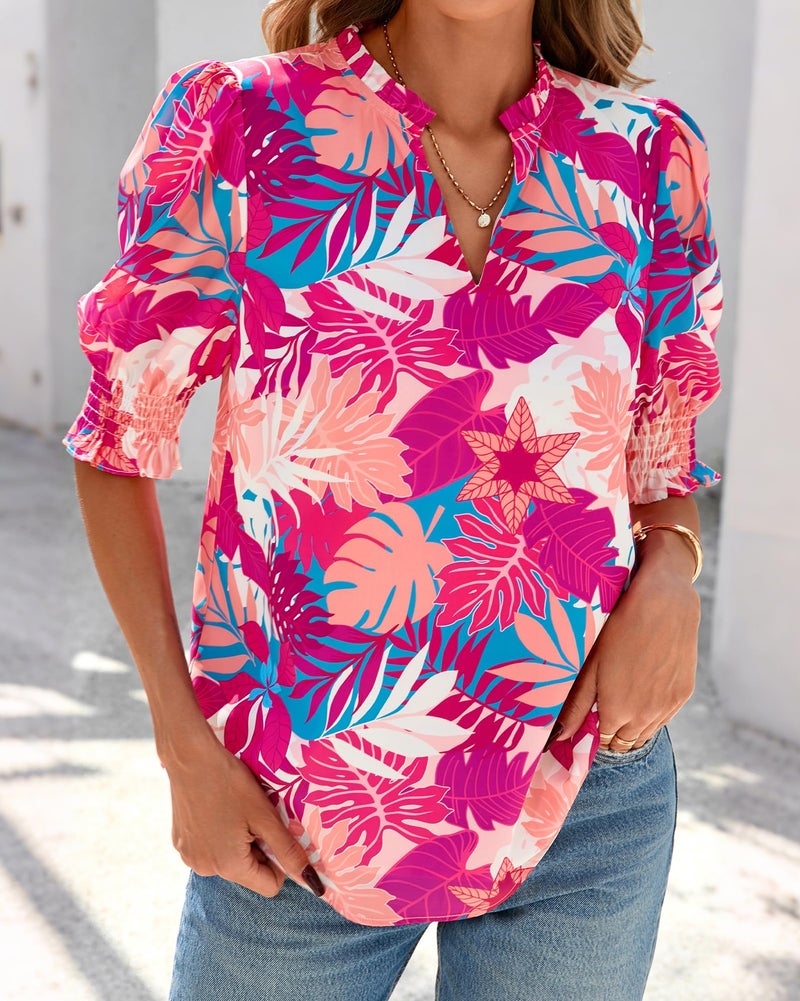 BTFBM Summer Blouses for Women Dressy Casual 2026 Fashion Spring Tops Floral Boho V Neck Puff Short Sleeve Top Shirts(Floral Pink, Small) - Image 4