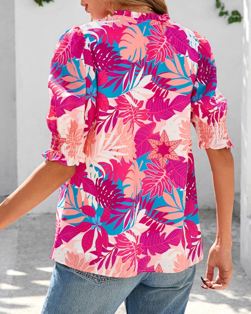 BTFBM Summer Blouses for Women Dressy Casual 2026 Fashion Spring Tops Floral Boho V Neck Puff Short Sleeve Top Shirts(Floral Pink, Small) - Image 3