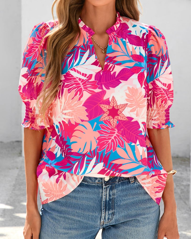 BTFBM Summer Blouses for Women Dressy Casual 2026 Fashion Spring Tops Floral Boho V Neck Puff Short Sleeve Top Shirts(Floral Pink, Small) - Image 5