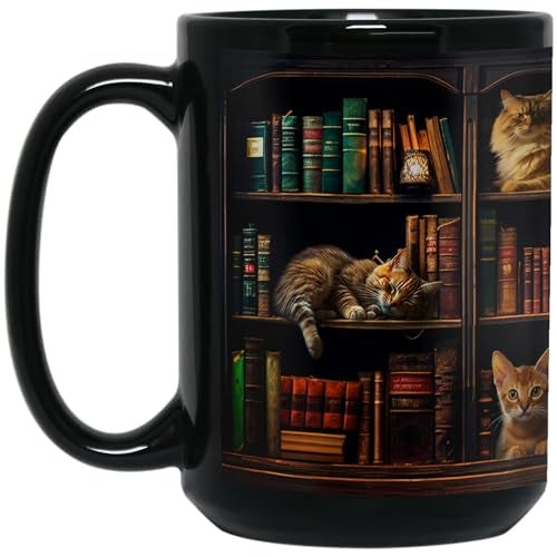 2IMT Cat Book Mug Book Lovers Gifts for Readers - Book Lover Bookish Gifts for Bookworm Women - Library Bookshelf Mug - Best Gift for Cat Lover - Reading Writer Women Black Coffee Cup 15oz - Image 3