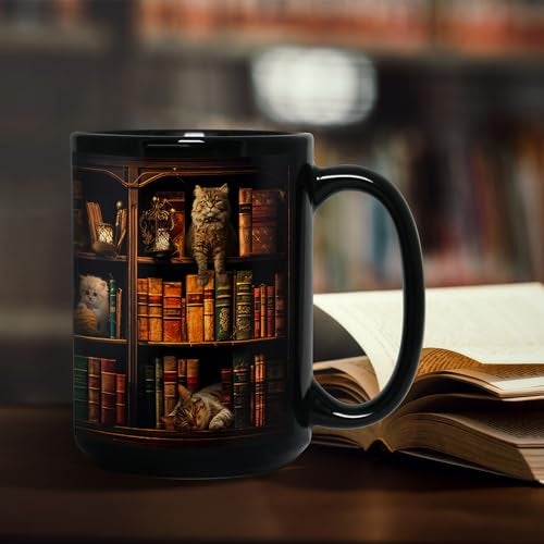 2IMT Cat Book Mug Book Lovers Gifts for Readers - Book Lover Bookish Gifts for Bookworm Women - Library Bookshelf Mug - Best Gift for Cat Lover - Reading Writer Women Black Coffee Cup 15oz - Image 5
