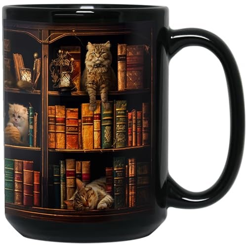 2IMT Cat Book Mug Book Lovers Gifts for Readers - Book Lover Bookish Gifts for Bookworm Women - Library Bookshelf Mug - Best Gift for Cat Lover - Reading Writer Women Black Coffee Cup 15oz - Image 1