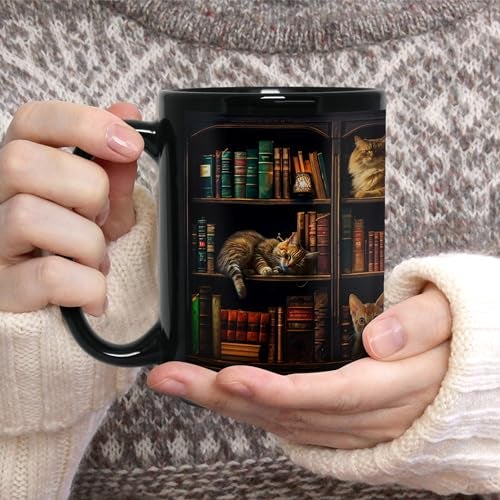 2IMT Cat Book Mug Book Lovers Gifts for Readers - Book Lover Bookish Gifts for Bookworm Women - Library Bookshelf Mug - Best Gift for Cat Lover - Reading Writer Women Black Coffee Cup 15oz - Image 4
