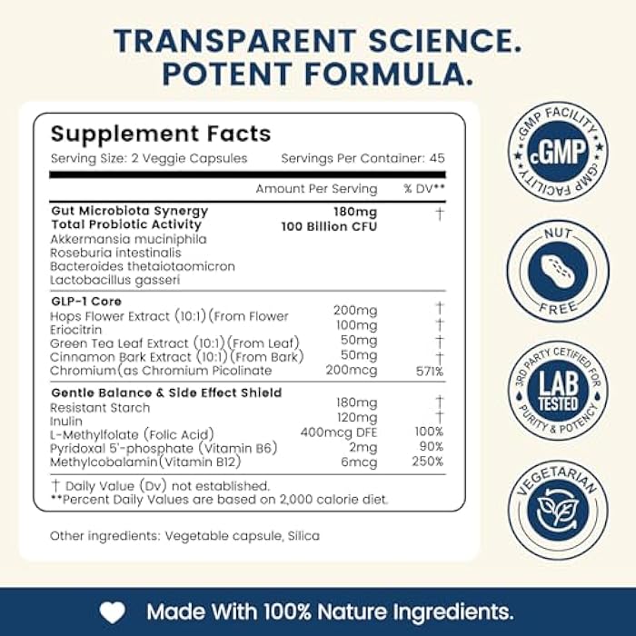 NUISM GLP-1 Supplement with Akkermansia Probiotic 100 Billion CFU–Hops & Eriocitrin for Appetite Control, Weight Women Men, Natural GLP 1 Activator for Metabolic Support Gut Health with Chromium & Cinnamon - Image 2