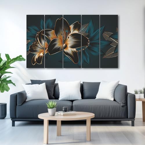 The Castle Decor- Black leaf flower painting with frame 5 Big Size (27x48) Multiple Frames Wall Art Painting for living room,Bedroom,Drawing room,Hotels-Wooden Framed-Digital Painting - Image 1