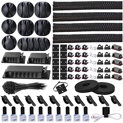 N NOROCME 192 PCS Cable Management Kit 4 Wire Organizer Sleeve,11 Cable Holder,35Cord Clips 10+2 Roll Cable Organizer Straps and 100 Fastening Cable Ties for Computer TV Under Desk, black,clear - Image 1