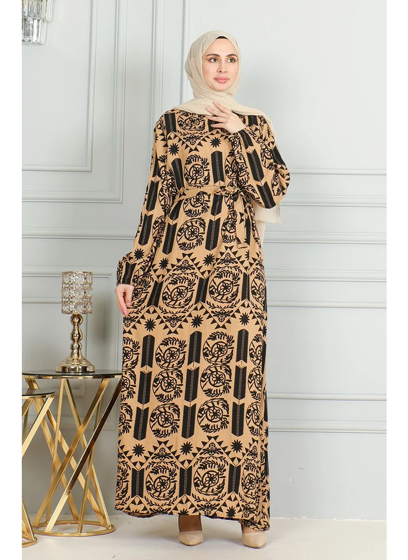 Sefa Merve Patterned Belted Viscose Dress 0499-06 Milky Coffee