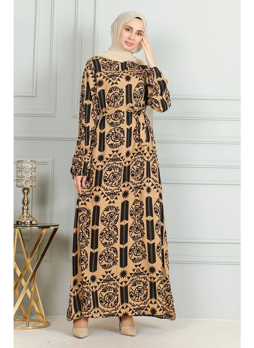 Sefa Merve Patterned Belted Viscose Dress 0499-06 Milky Coffee