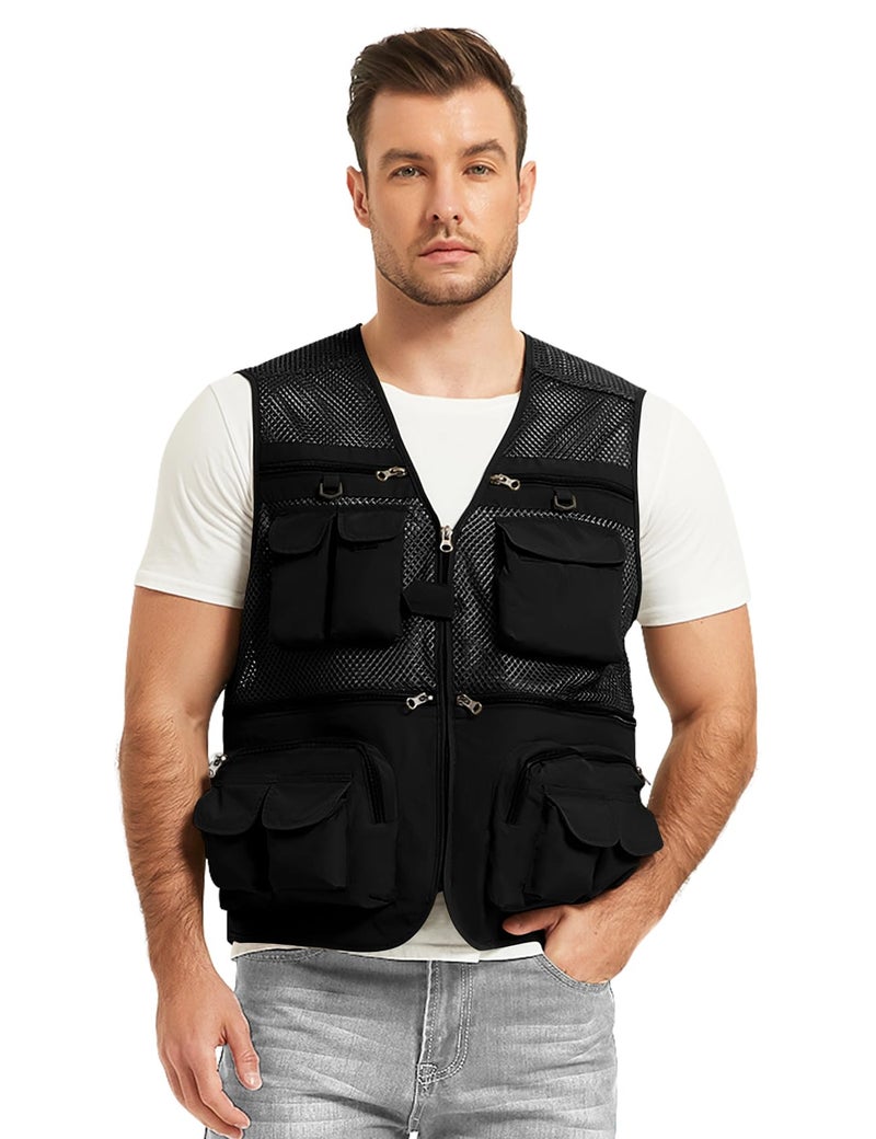 Flygo سترة صيد للرجال من فلايجو، خفيفة الوزن، متعددة الاستخدامات، للسفر في الهواء الطلق، سترة سفاري، سترة تصوير بحمولة مع 16 جيب، شبكية، سوداء، XL - Image 3