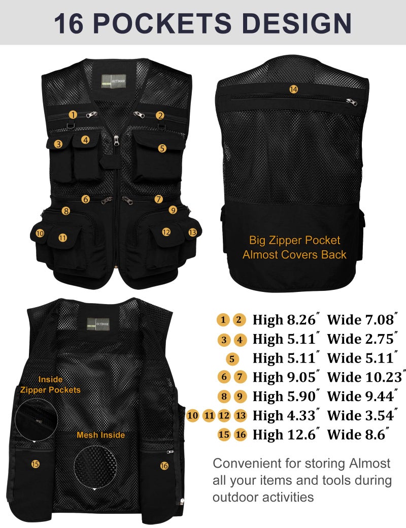 Flygo سترة صيد للرجال من فلايجو، خفيفة الوزن، متعددة الاستخدامات، للسفر في الهواء الطلق، سترة سفاري، سترة تصوير بحمولة مع 16 جيب، شبكية، سوداء، XL - Image 2